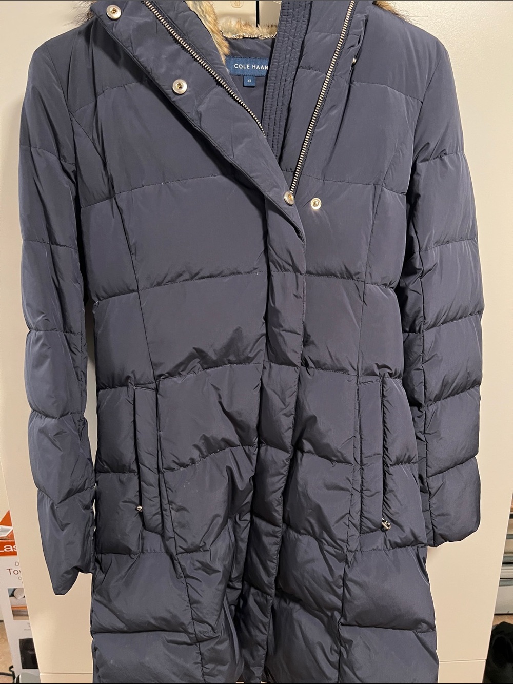 Cole Haan Dark Navy Quilted Long Puffer Coat with Faux-Fur Trim